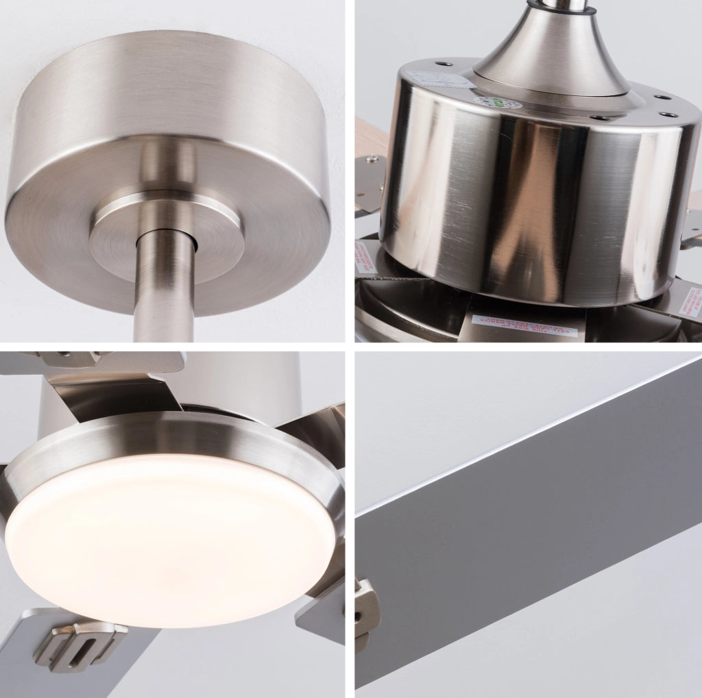 Ventilatore da soffitto con luce e telecomando, 6 velocità, dimmerabile, metallo e legno, nichel