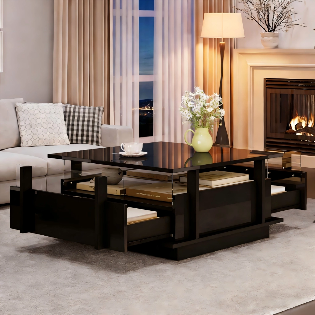 Tavolino da salotto nero lucido 70x70 cm con luci LED e 2 cassetti
