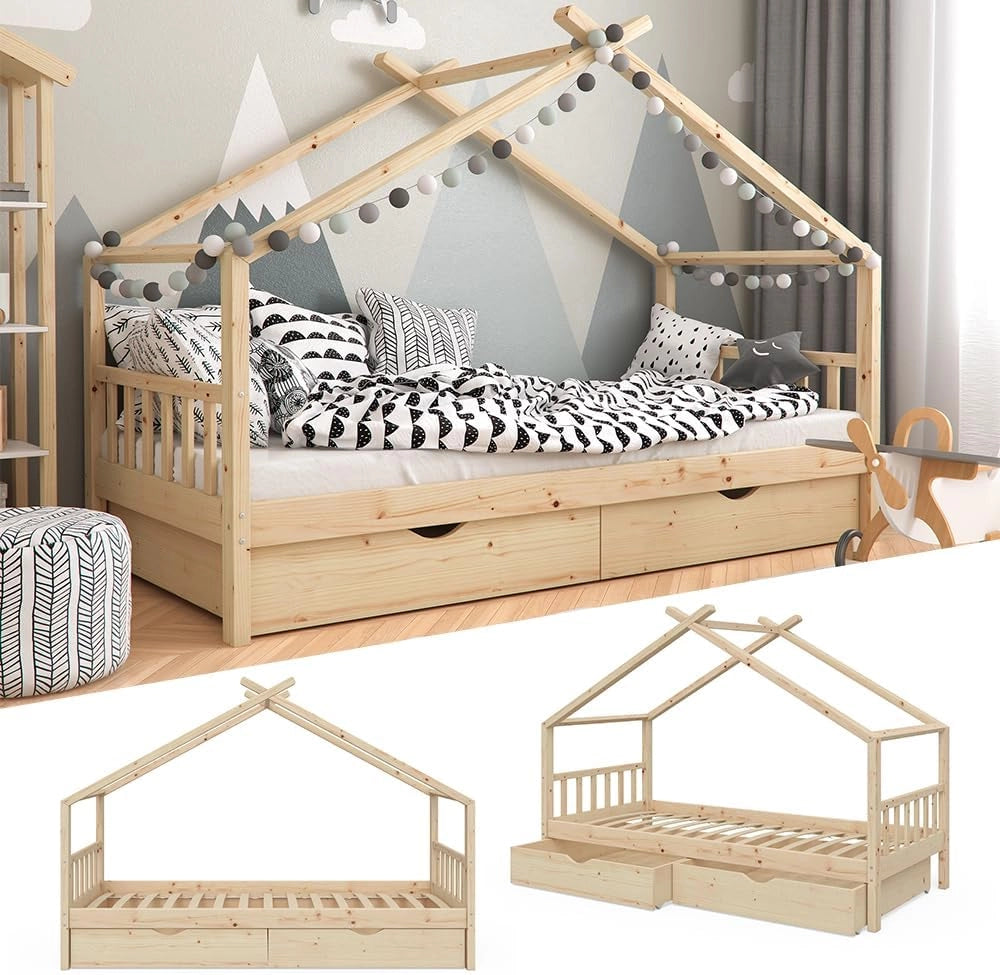 Letto montessori bambini Design, Legno naturale, 90x200 cm con 2 cassetti, con sponda anticaduta e rete a doghe per un sonno sicuro