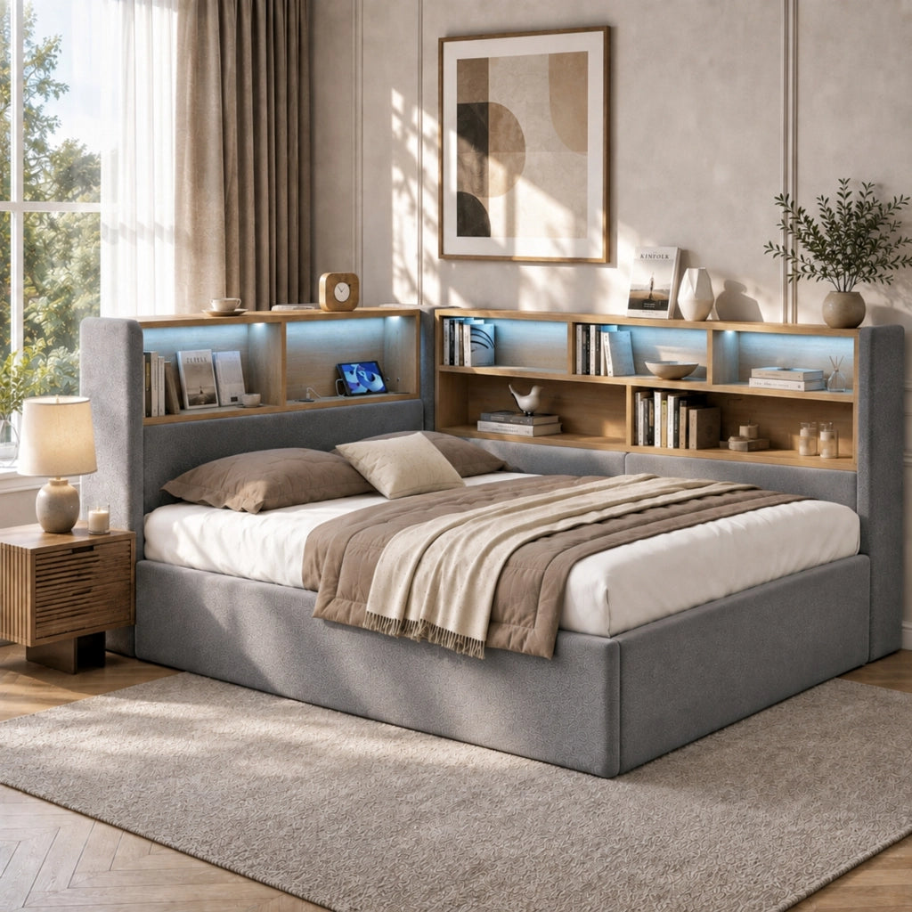 Daybed con contenitore idraulico, LED e USB, 140x190 cm, velluto grigio