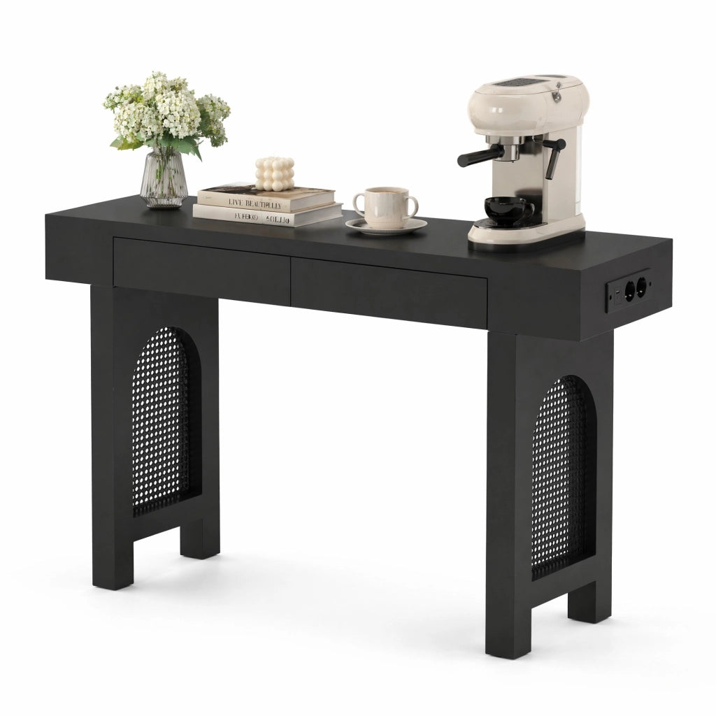 Tavolo consolle con 2 cassetti e multipresa USB/Type-C 120x35;5x76;5 cm in MDF nero