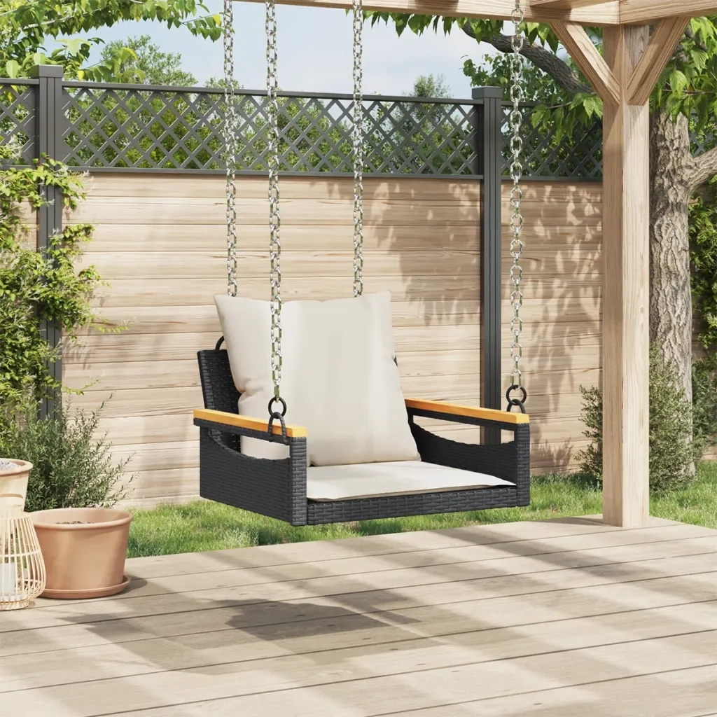 Panca da Giardino | Panchina a Dondolo con Cuscini Nera 63x62x40 cm in Polyrattan