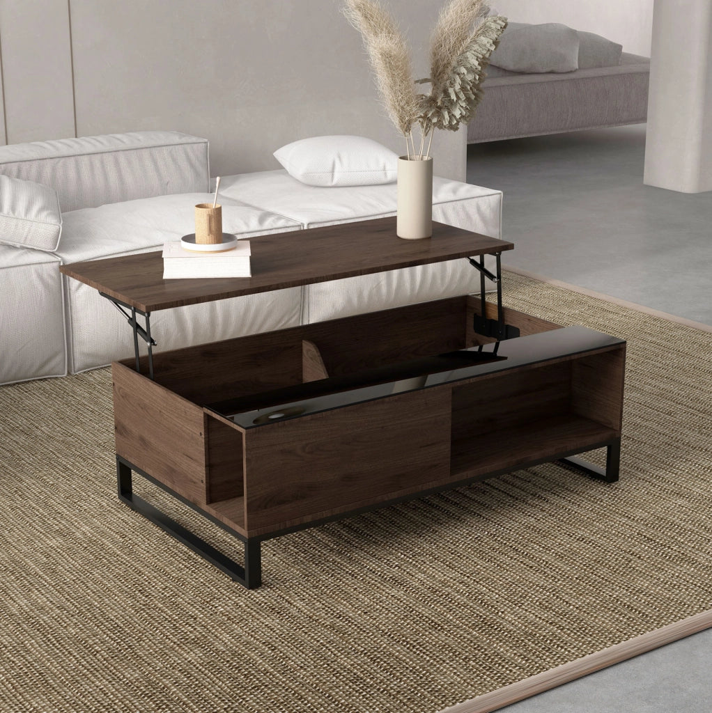 Tavolino da caffè elevabile 102x58x35.5 cm con vano contenitore in compensato noce