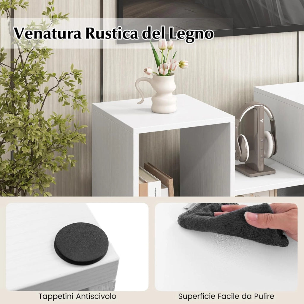 Mobile Porta TV Combinabile a 2 Pezzi, per TV Fino a 60'', Mobile TV a Angolo Soggiorno in Legno, con 4 Vani Aperti, Tavolo Media TV Multifunzionale, per Soggiorno, Camera da Letto (Bianco)