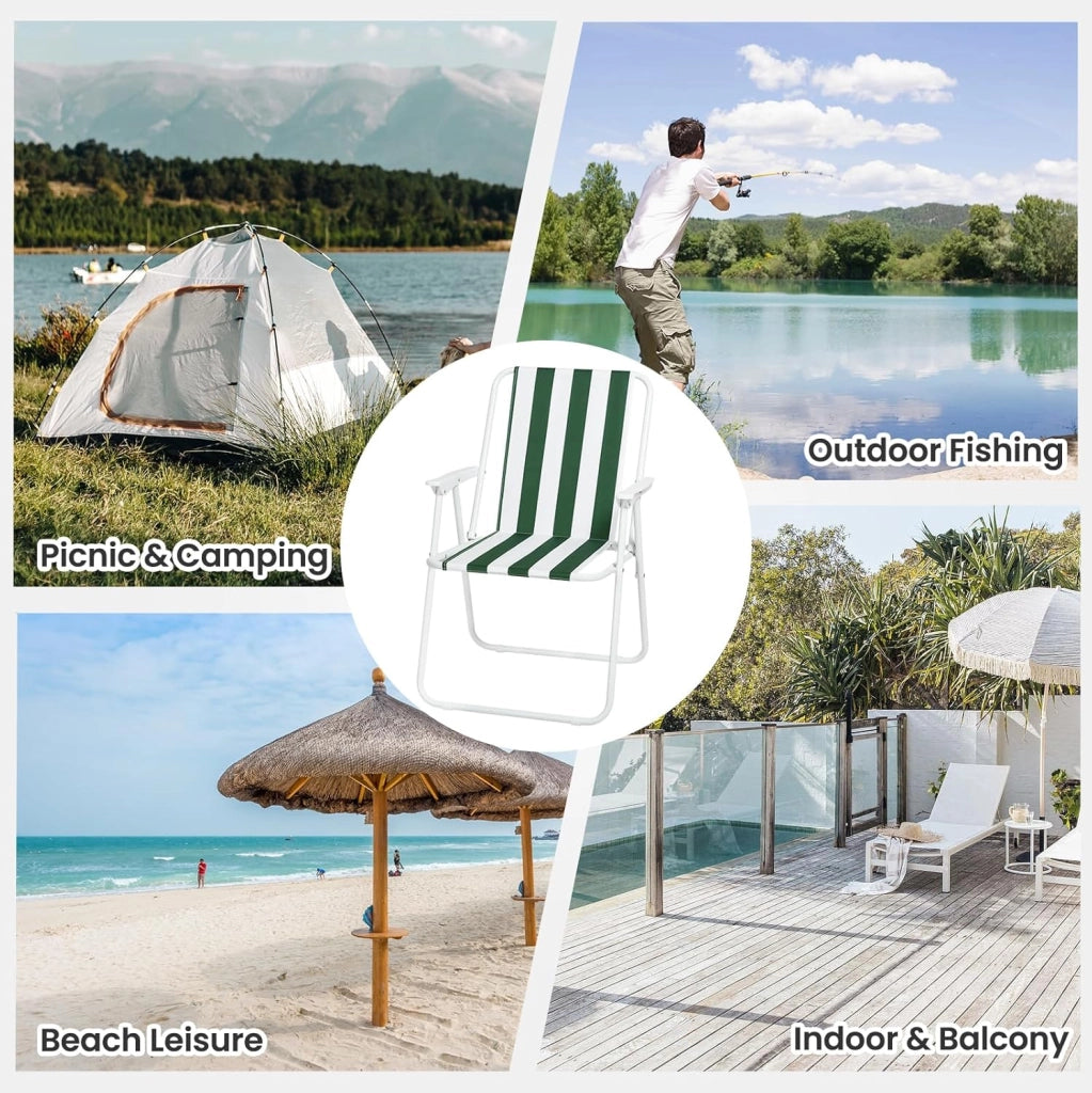Set di 4 Sedia Pieghevole Portibile, Sedia da Campeggio/Pesca in Oxford, con Braccioli, per Spiaggia, Picnic, Terrazza, Giardino, Bianco+Verde