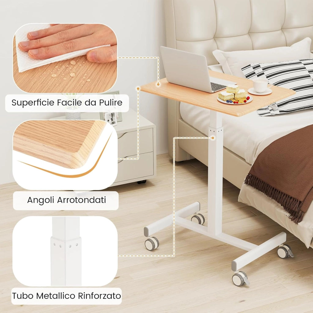 Tavolino da Divano e Letto con Ruote Bloccabili, Tavolino Porta PC Regolabile in Altezza con Pistone a Gas, Ruote Lisce, Base a Forma di H, Ideale per Lavorare e Mangiare