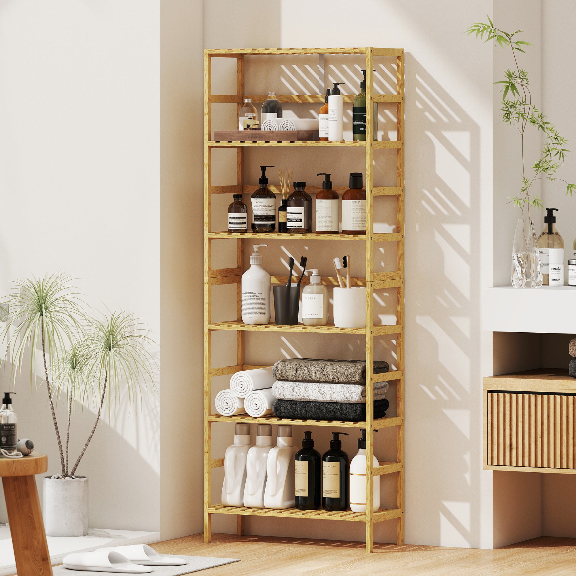 Scaffale Autoportante 60x26x161 cm a 6 Livelli con Ripiani Regolabili in Legno di Bambù Legno Naturale