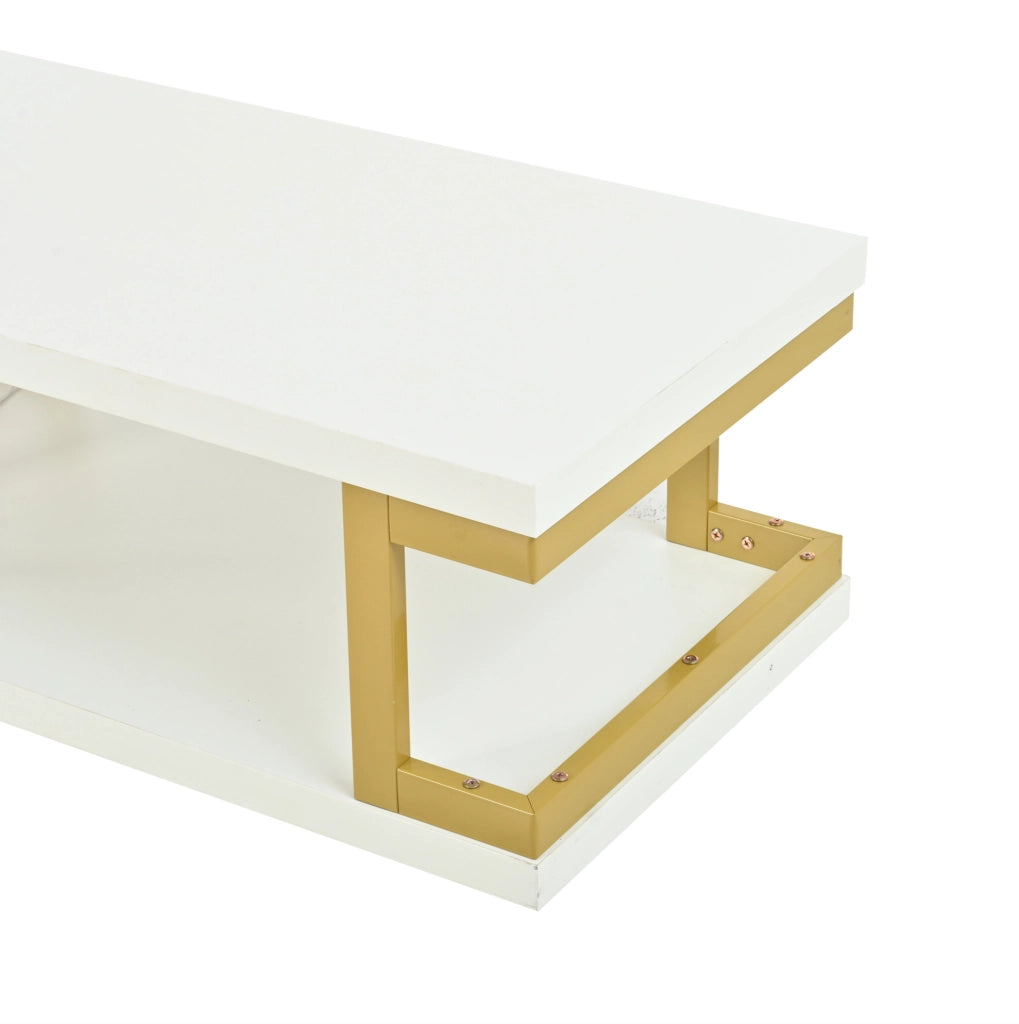 Tavolino da caff¨¨ 100x50 cm con LED RGB e ripiano in MDF bianco e metallo dorato