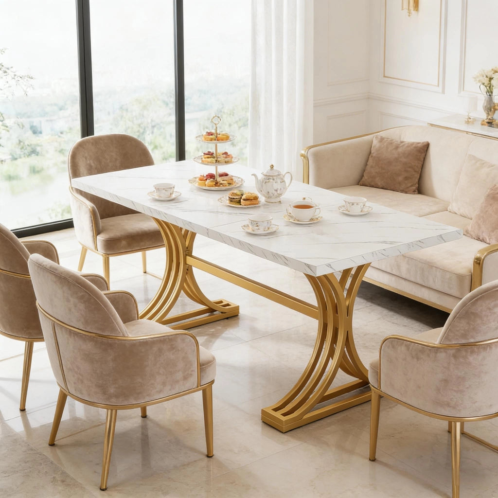 Tavolo da pranzo moderno 160x80 cm con piano effetto marmo e gambe in metallo, bianco e oro