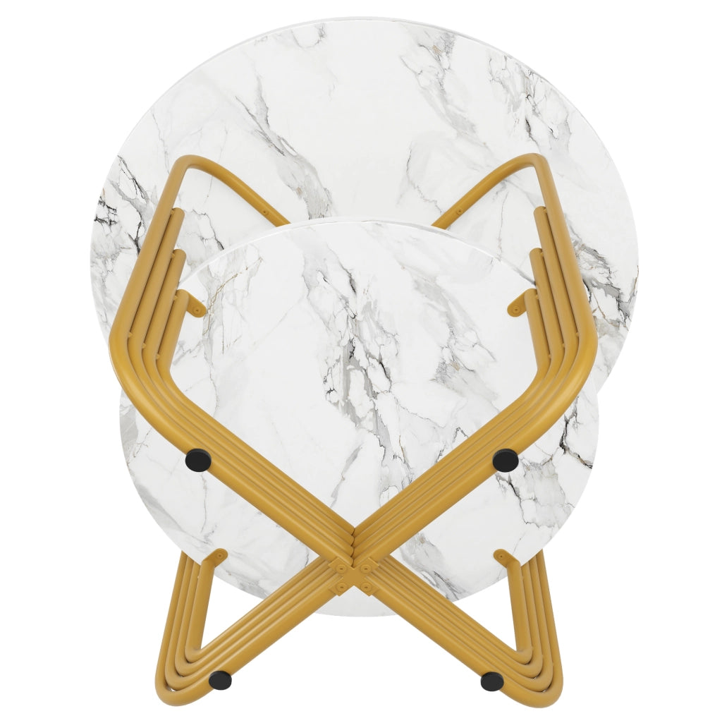Tavolo da pranzo rotondo 80x80x76 cm in MDF effetto marmo; colore oro