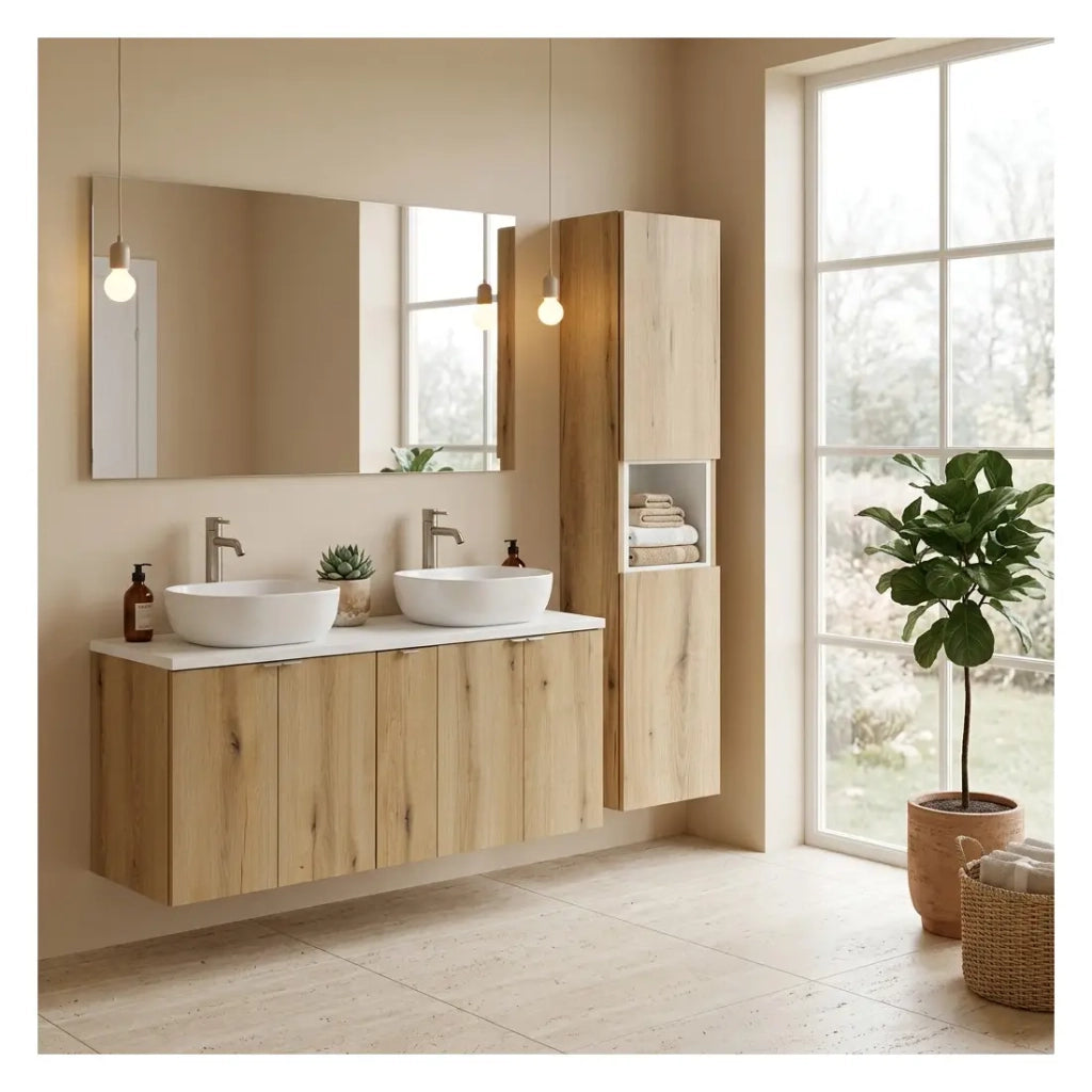 Set da bagno VANO effetto rovere e bianco 170cm: mobili sotto lavabo con armadietti + piano per lavabo + colonna