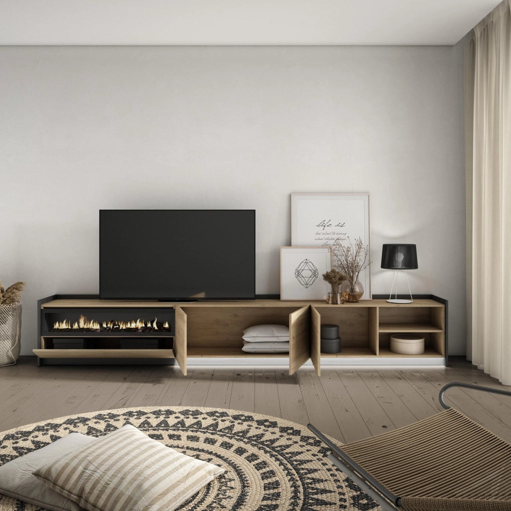 Mobile TV Soggiorno, 310x50x37 cm, Per TV fino a 80", Camino elettrico, LED, Rovere e nero
