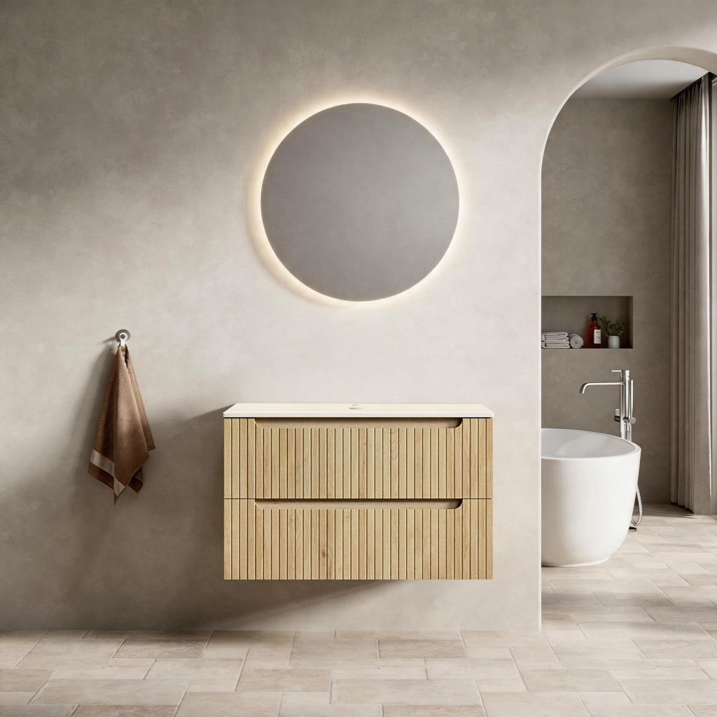 Mobile bagno sospeso con 2 cassetti e piano in pietra sinterizzata; stile moderno per bagno; rovere chiaro 89×55×61 cm