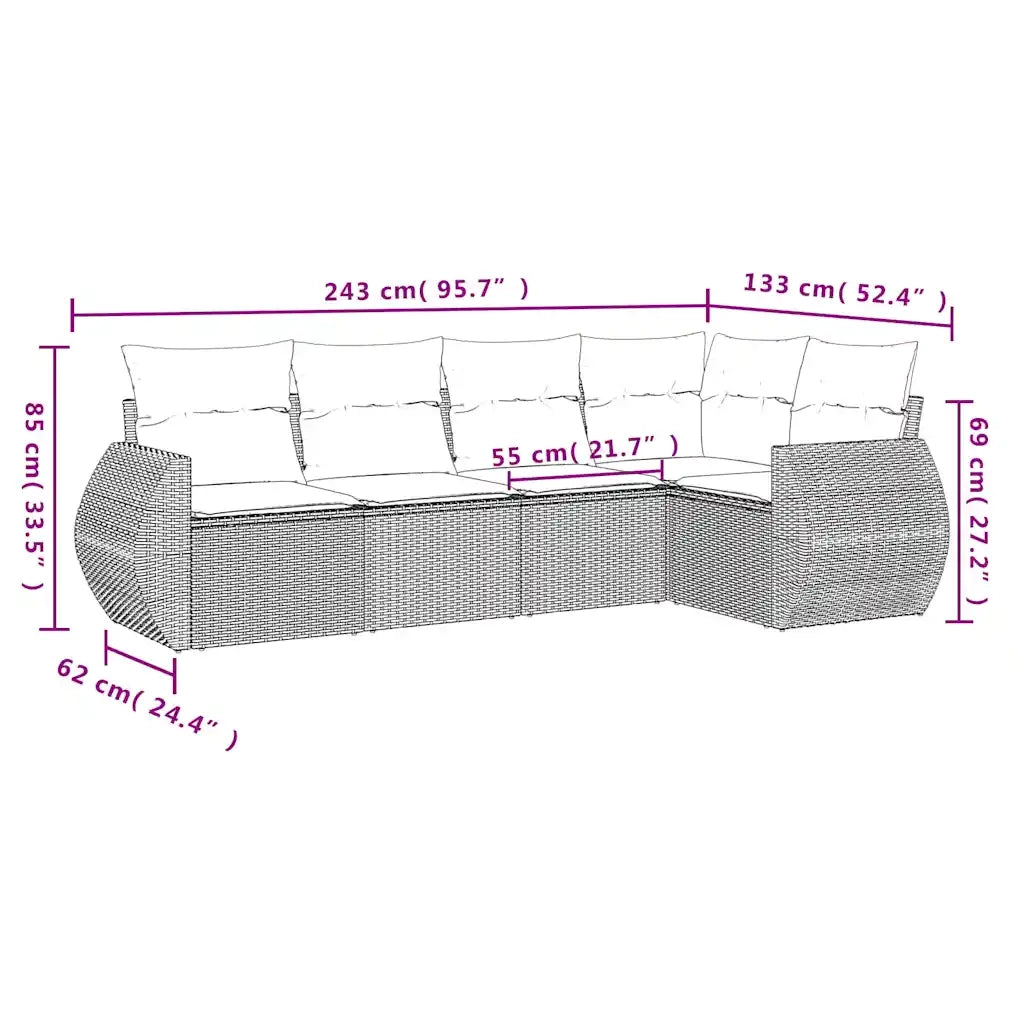 Set Divano da Giardino 5pz con Cuscini Grigio Chiaro Polyrattan