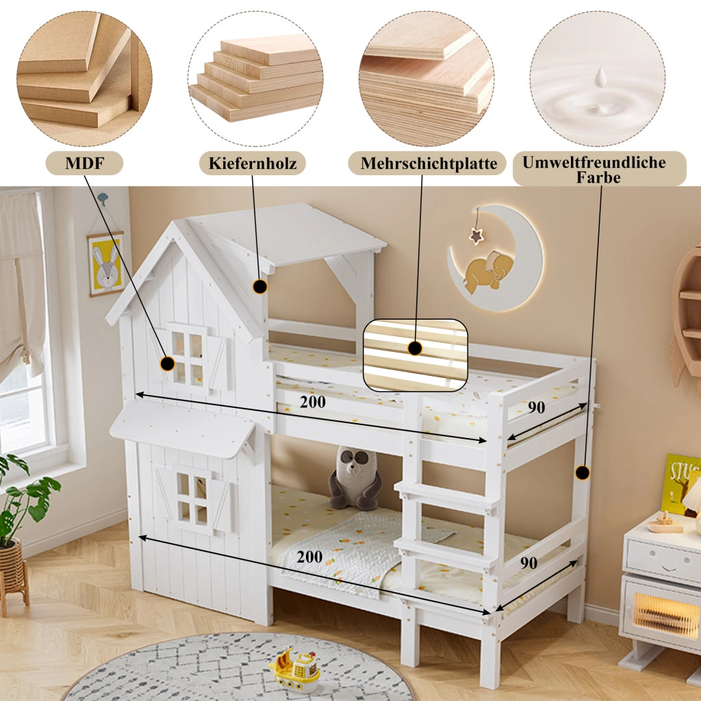 Letto a Castello 90 x 200 cm; Letto per Bambini - con Tetto e Finestre - Bianco