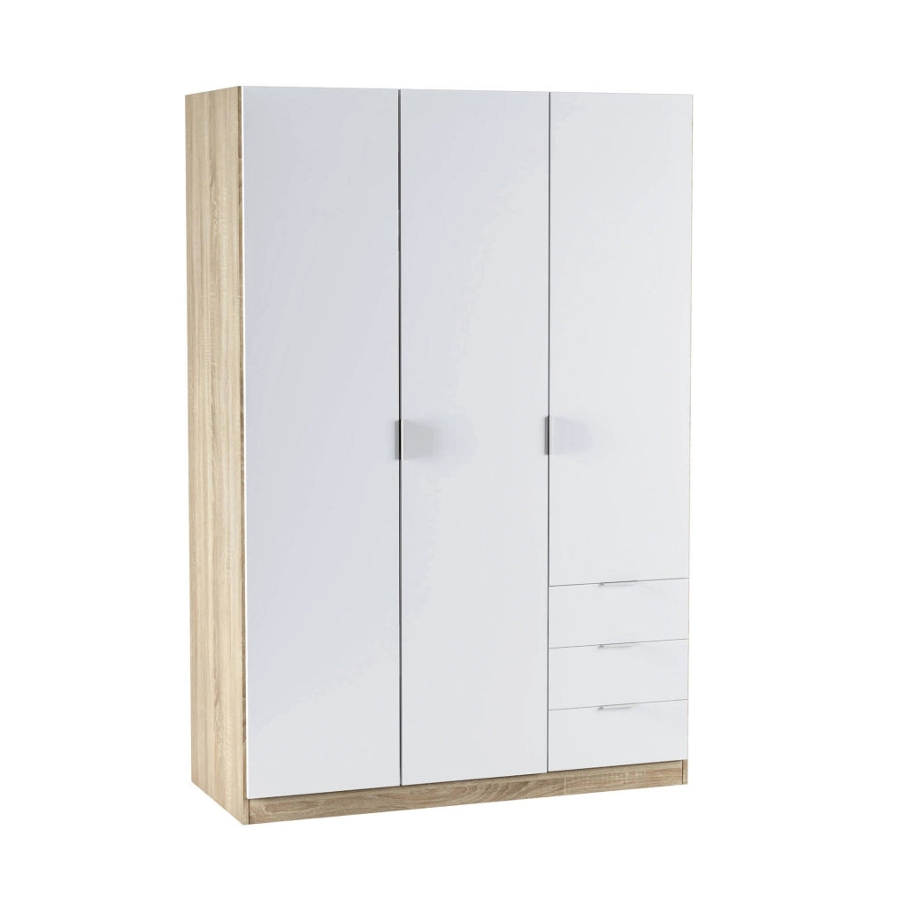 Guardaroba Apaches, Armadio per camera da letto a 3 ante e 3 cassetti, Mobile con barra appendiabiti e 3 ripiani cm 121x80h180, Bianco e Rovere