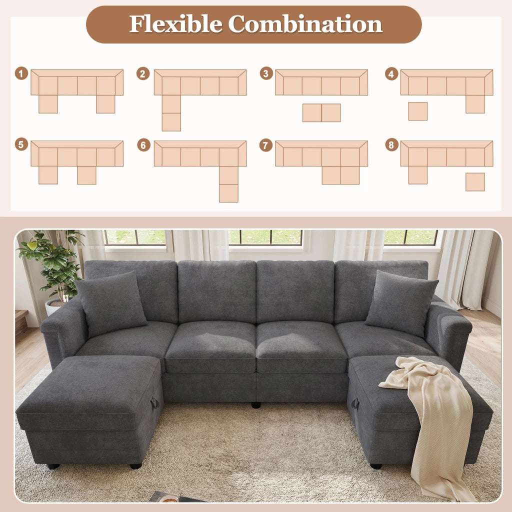 Divano modulare trasformabile a L o U 261x134x82 cm in ciniglia grigio con USB e Type-C
