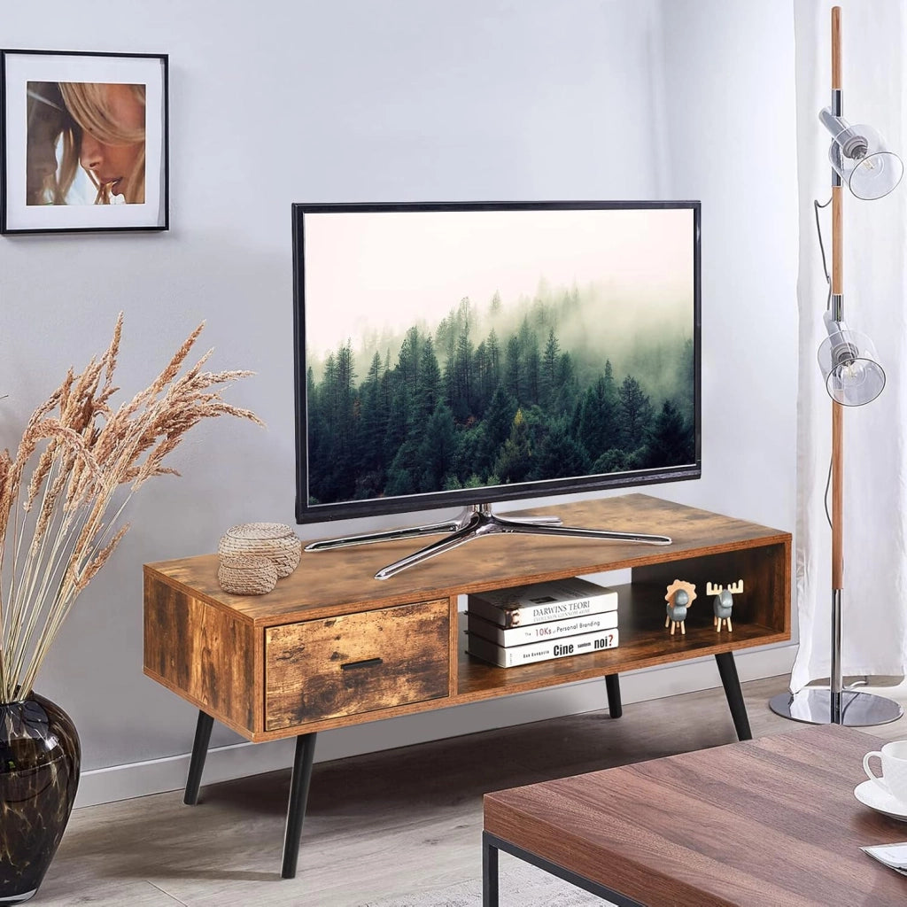 Tavolino Basso con 1 Cassetto, Tavolino Vintage di Ripiano in Legno, con Ampio Spazio di Stoccaggio, Portata di 30 kg, Mobile TV con 4 Gambe in Pino, 109 x 55 x 44,5 cm