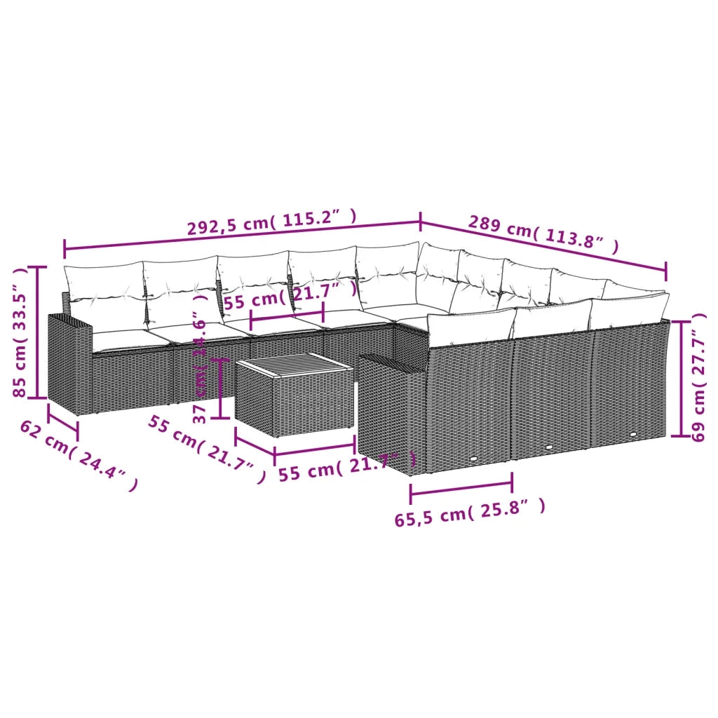 Set Divani da Giardino 12 pz con Cuscini Grigio in Polyrattan 3224352