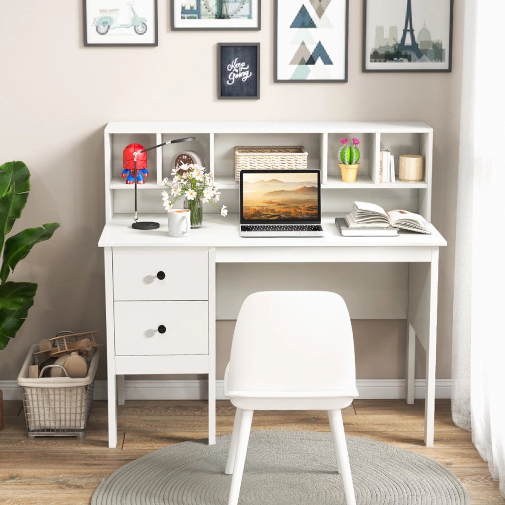Scrivania per computer con prese elettriche, Scrivania da 120cm con 5 vani e 2 cassetti porte USB Bianco