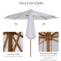 Ombrellone da Giardino 3x2.5 m con Palo in Legno a 8 Stecche, in Bambù, Legno e Poliestere, Bianco