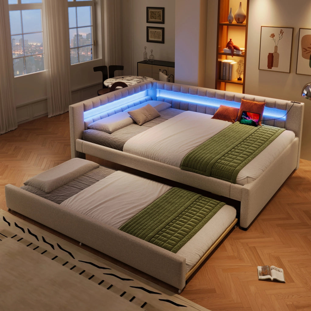 Letto da giorno estraibile 140x200 cm beige con LED e USB-C