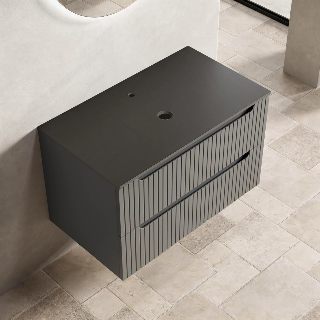 Mobile bagno sospeso con 2 cassetti e piano in pietra sinterizzata per bagno; in compensato; grigio scuro; 89×55×61 cm