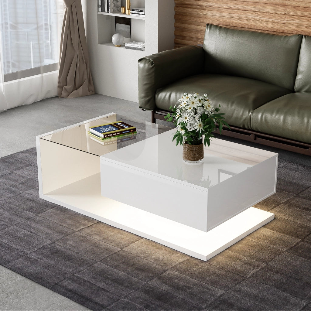 OKWISH Tavolino da Salotto Rettangolare con Vano Portaoggetti e LED, Finitura Lucida, per Soggiorno, 105 x 55 x 32.5 cm, Bianco