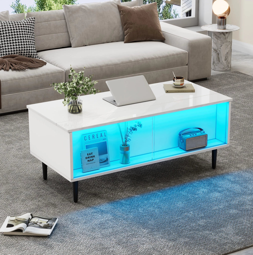 Tavolino da salotto 105x50x43 cm; rialzabile con LED e vano nascosto; truciolato; bianco