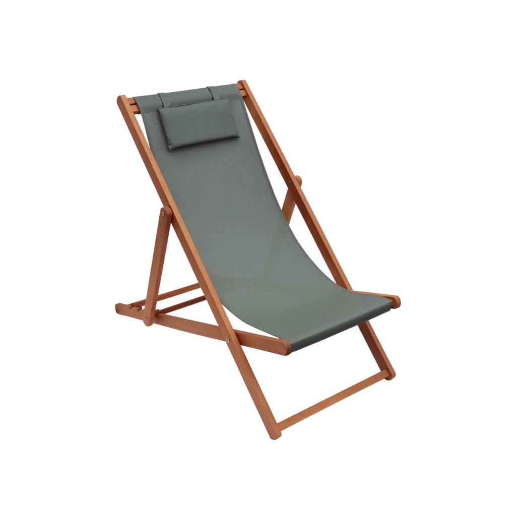 Set 2 lettini prendisole in legno con cuscino poggiatesta, verde kaki