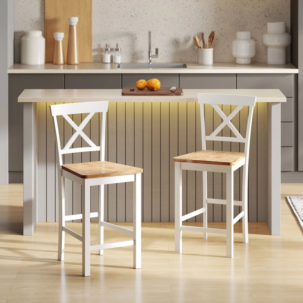 Set 2 Sedie da Bar con Schienale e Poggiapiedi ¨C Zephmum ¨C Legno Hevea Colore E+Beige