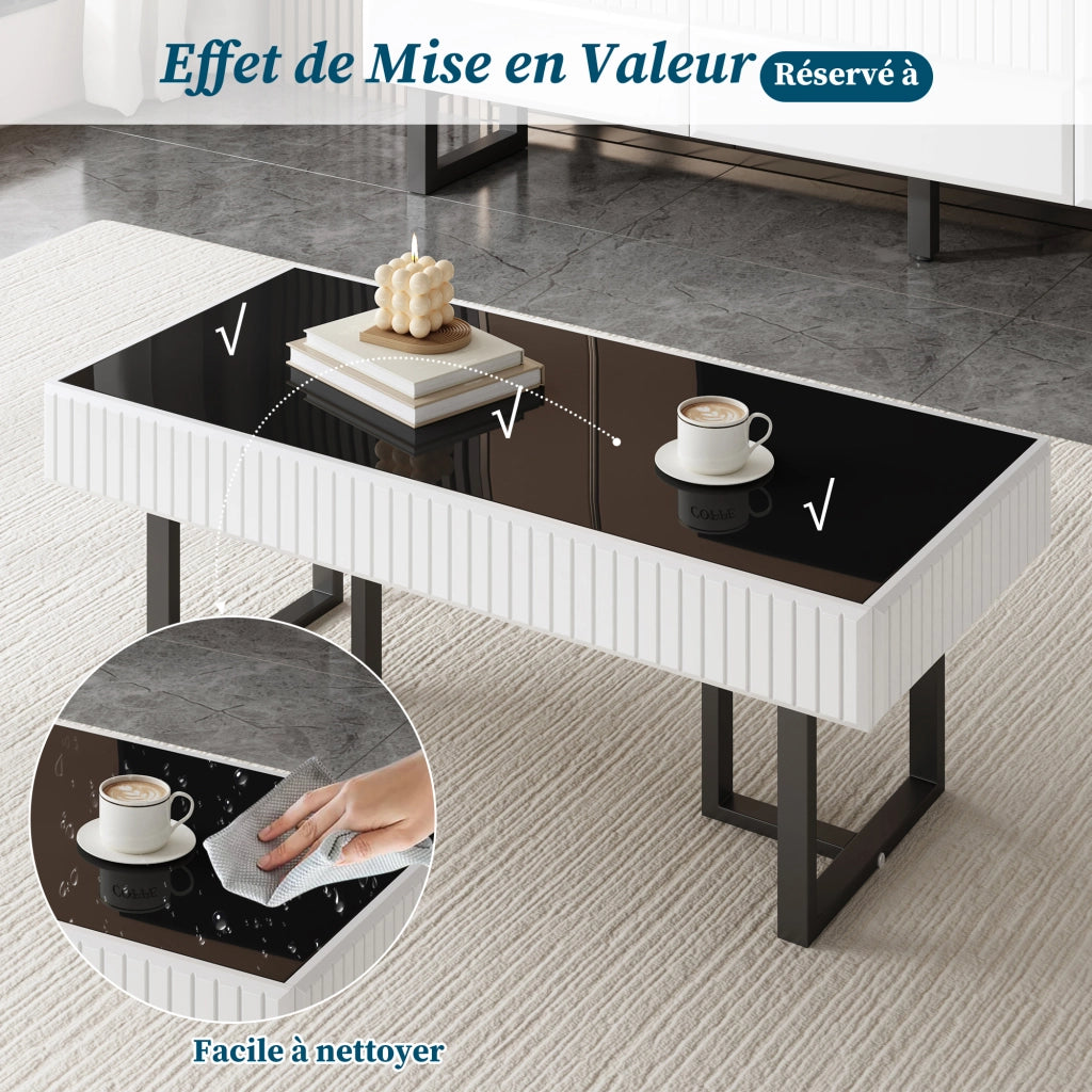 Tavolino da Caffè con Struttura in Ferro; Piano Nero Lucido Parziale; Stile Moderno; in MDF e Truciolare; Nero Bianco
