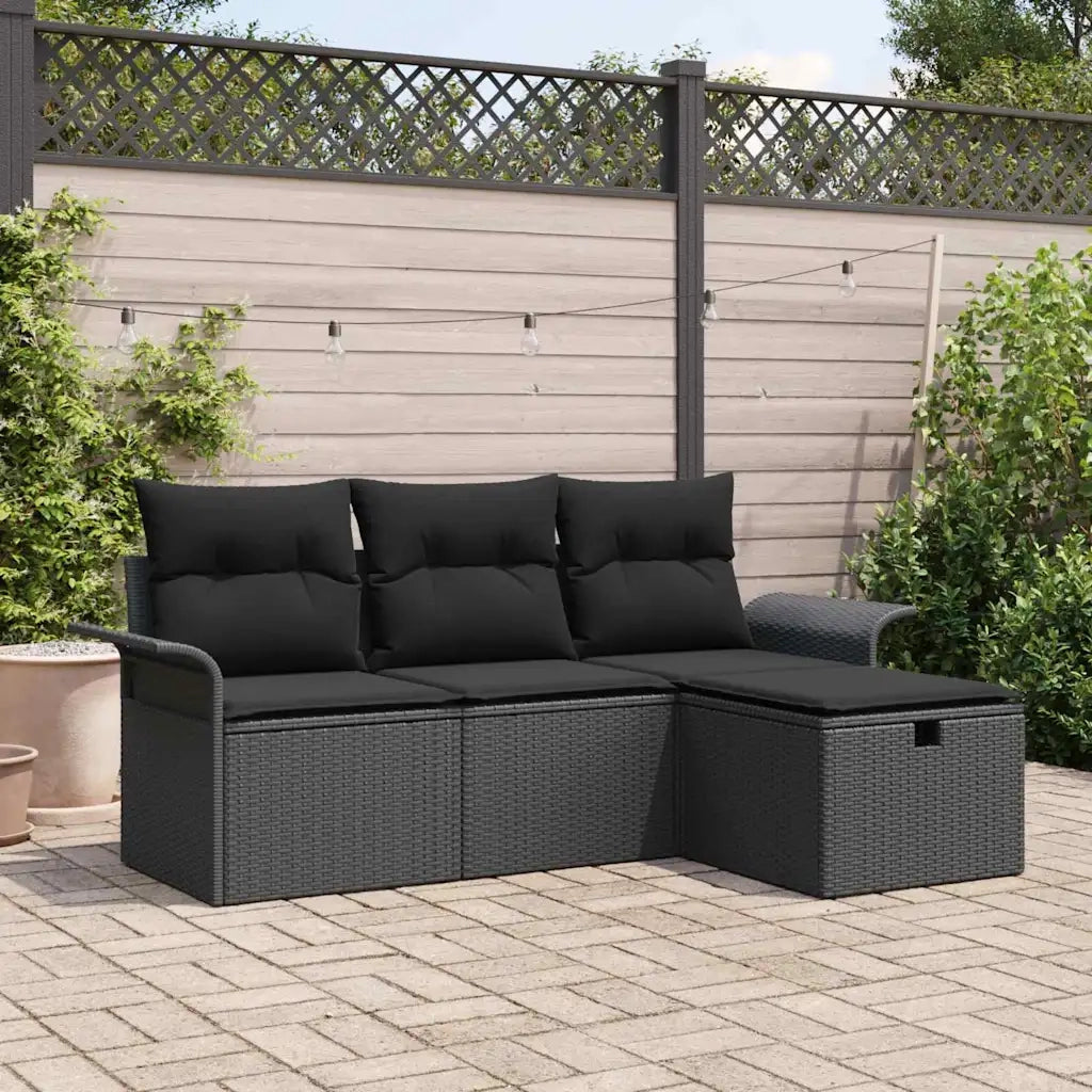 Set Divano da Giardino con cuscino 4 pz | Set Salotto da Giardino Nero polyrattan