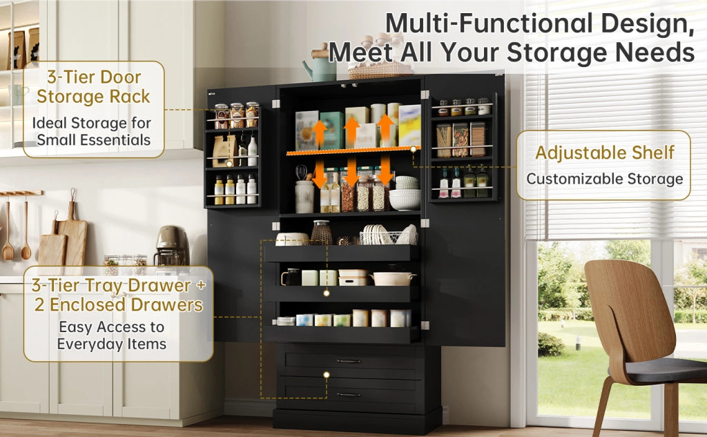 Credenza alta freestanding in MDF con 3 ripiani estraibili, 2 cassetti e ante con vani portaoggetti