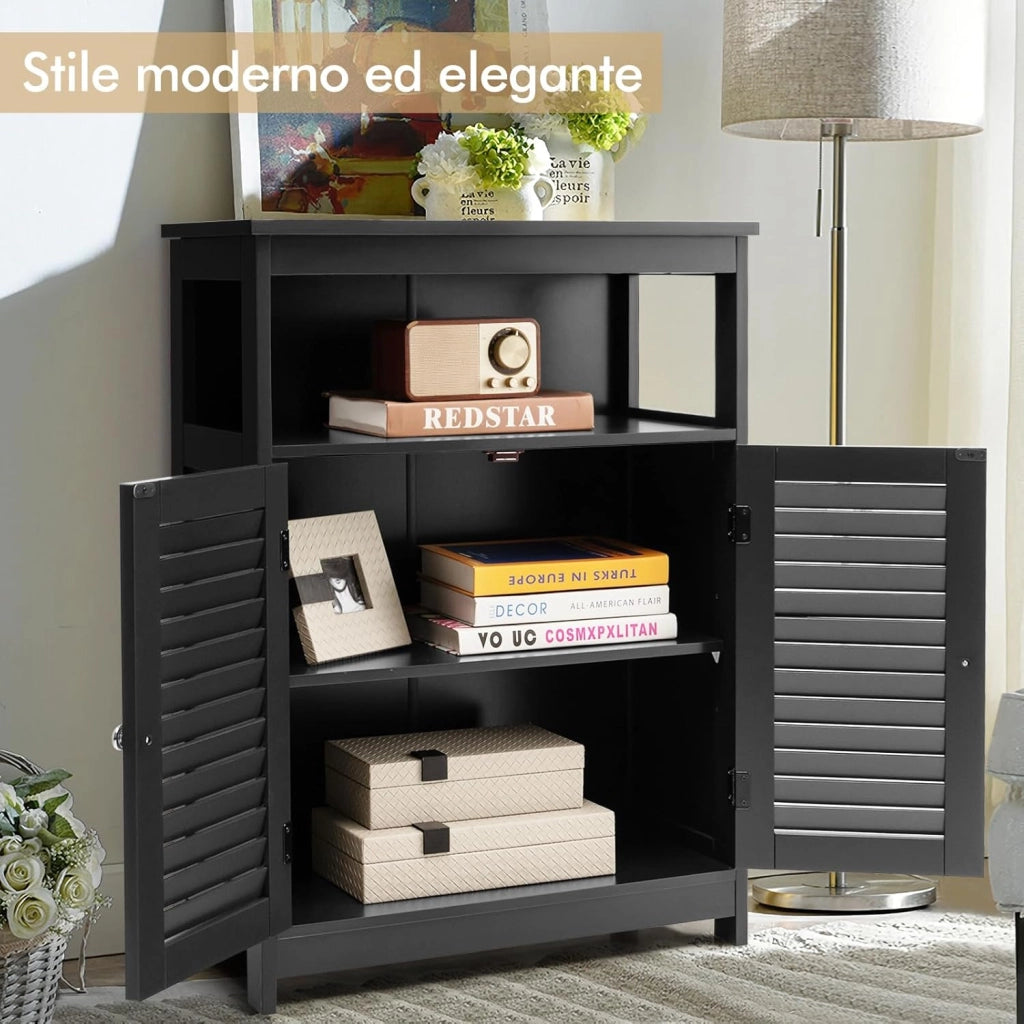 Armadietto da Bagno, Armadietto di Legno con Doppie Ante a Persiana e Mensola Regolabile, Mobile da Bagno Basso Salvaspazio per Ingresso e Camera da Letto, 60 x 30,5 x 80 cm (Nero)