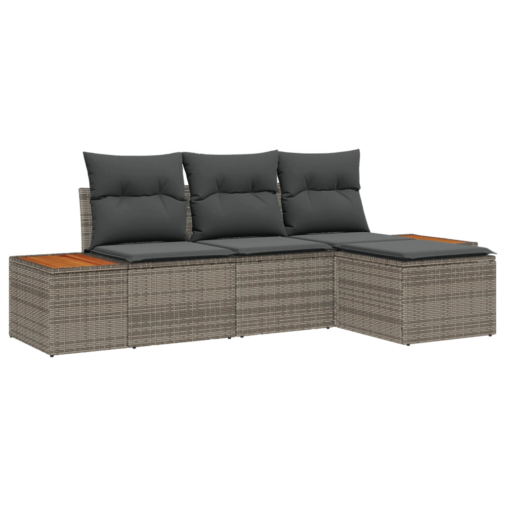 Set Divano da Giardino 4 Pezzi con Cuscini Grigio Polyrattan Acacia