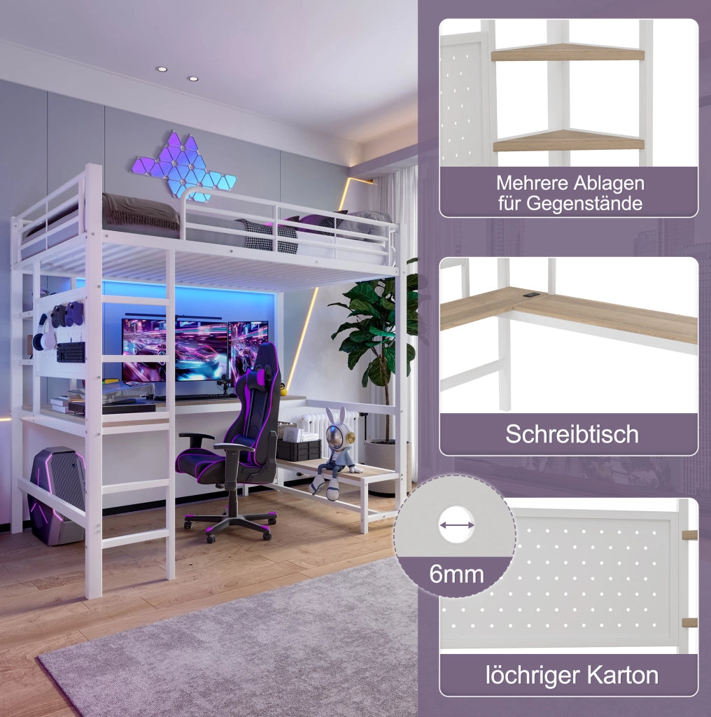 Letto a soppalco ULEVR 90x200 cm con scrivania, LED, prese USB e Type-C, ripiani, bianco