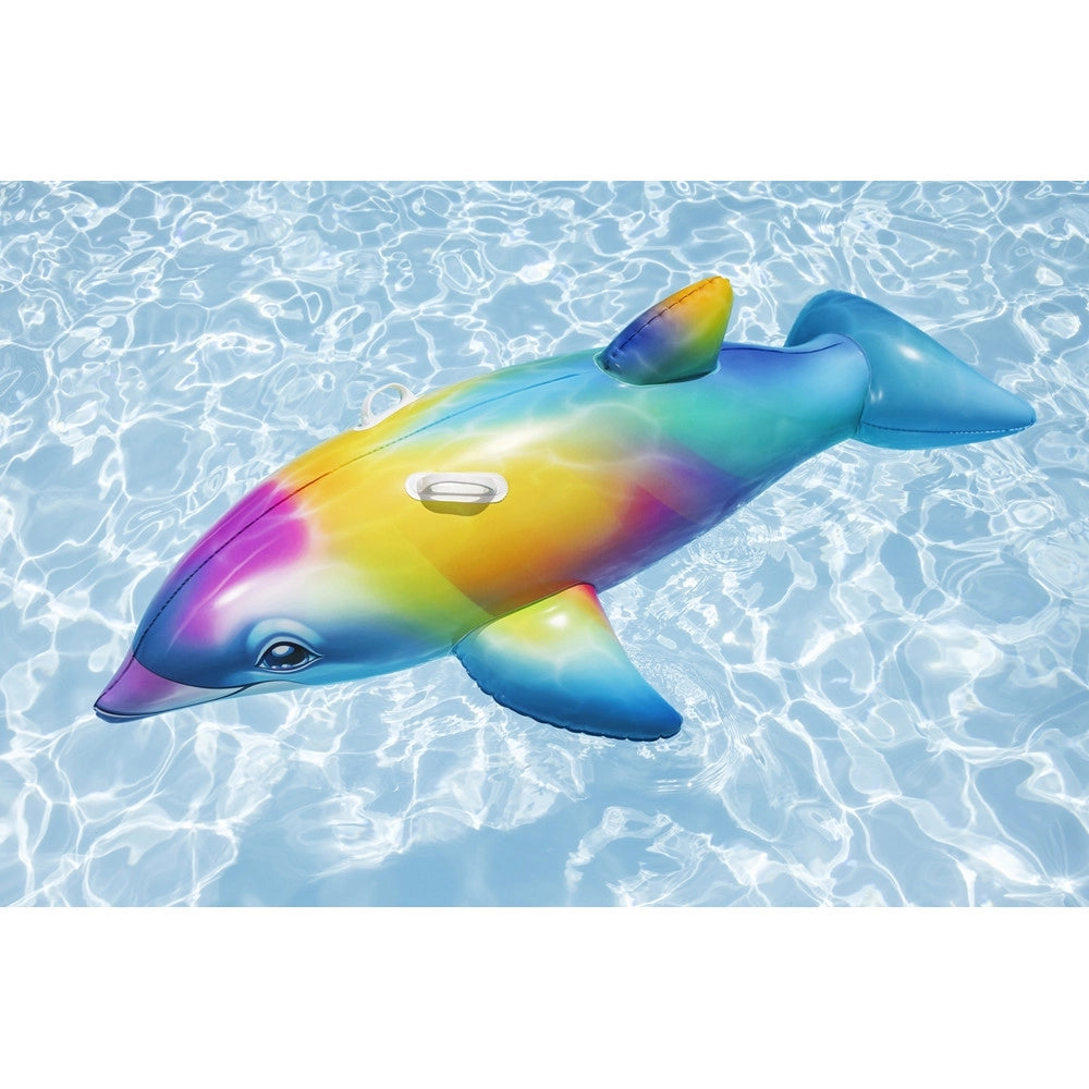 Trade Shop - Cavalcabile Gonfiabile Galleggiante A Forma Di Delfino Arcobaleno Maniglie 168x66cm 41541 -