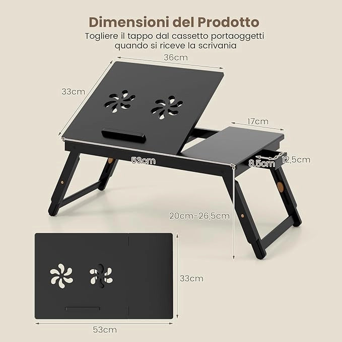 Vassoio per Laptop con Gambe Regolabili e Piano di Dissipazione Termica Inclinabile, Tavolino da Letto Pieghevole con Cassetto Portaoggetti per Leggere, Scrivere e Mangiare (Marrone)