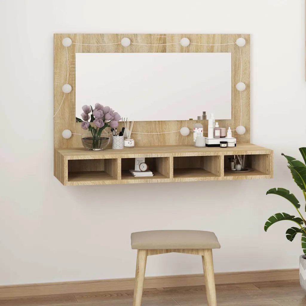 Mobile a Specchio con LED Rovere Sonoma 90x31,5x62 cm 808894