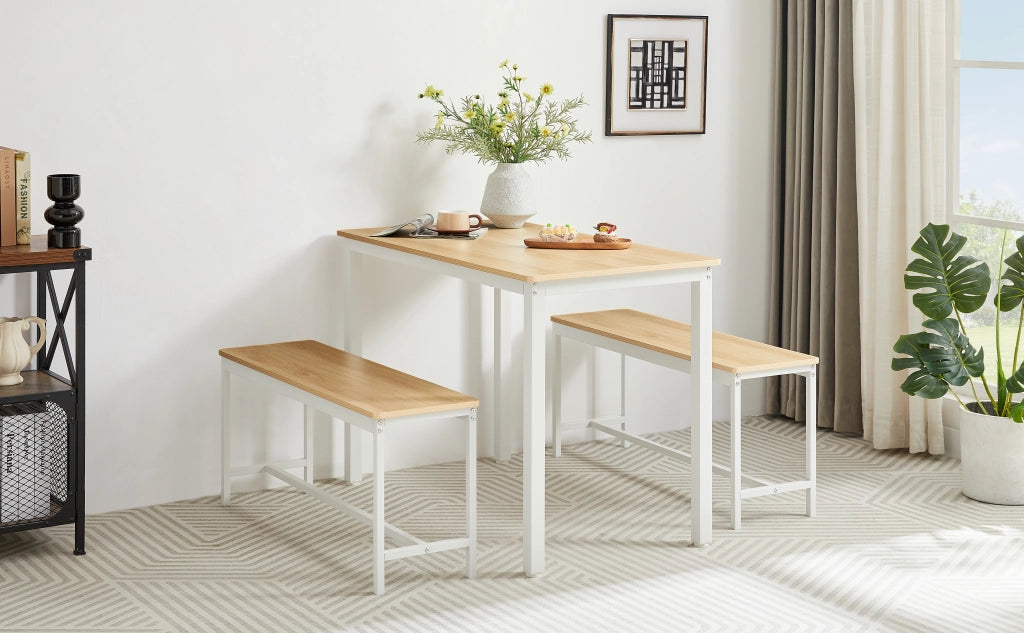 TAVOLO da pranzo industriale 110x60 cm Naturale/Bianco Set da 4 con 2 panche