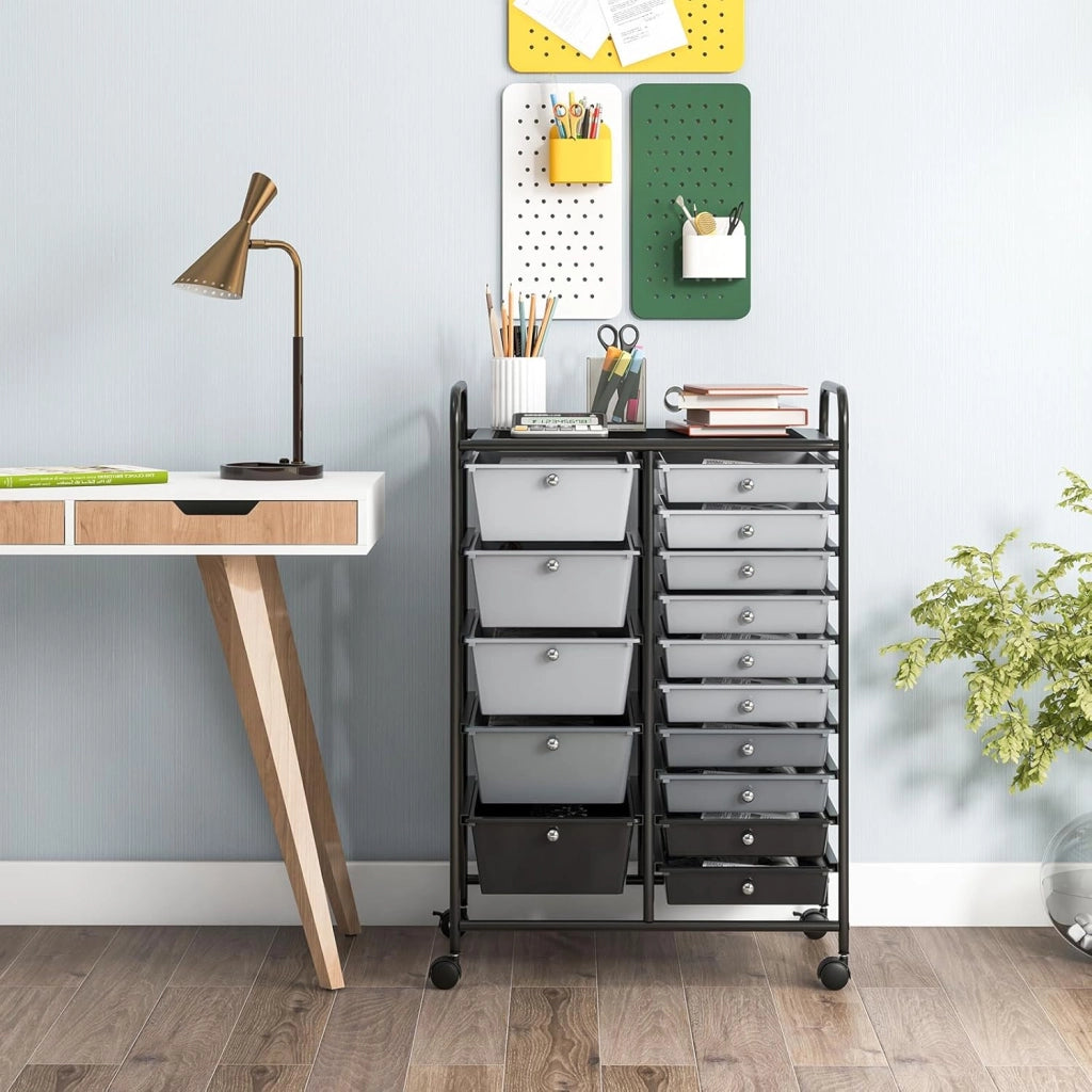 Carrelli Porta Oggetti, con 10+5 Cassetti Impilabili, 2 Ruote Bloccabili, Braccioli Metallici, Portabile e Pratico, per Ufficio, Studio, Cucina,Bagno, 5 Colori Disponibili, 62,5x37x87 cm