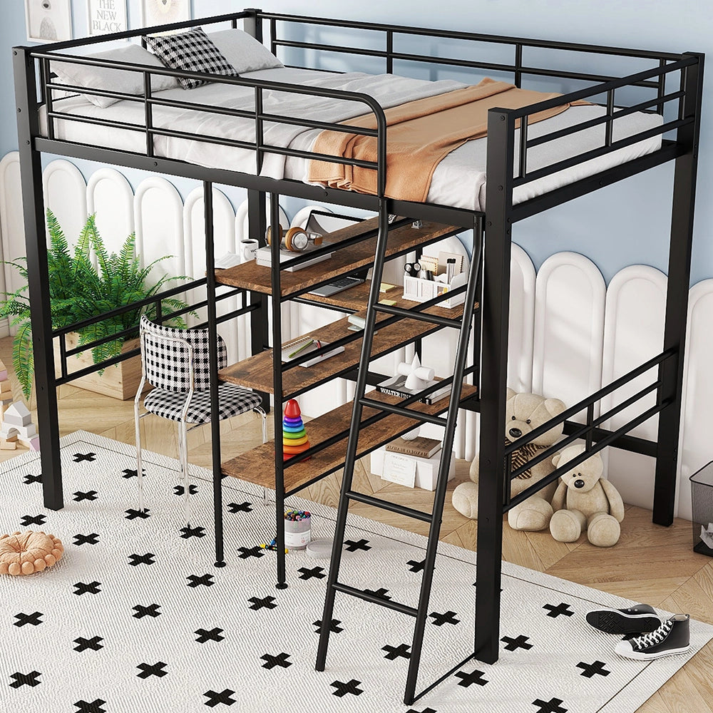 Letto a soppalco con scrivania - Xylo - 90x200 cm - Nero - Scaffali e scala
