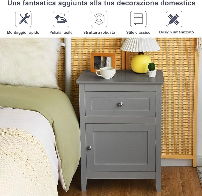 Comodino Moderno, Tavolino con 2 Livelli e Superficie Spaziosa, Mobile da Divano con Cassetto in Legno per Camera da Letto Salone e Ufficio, 48 x 38 x 63,5 cm (2, grigio)