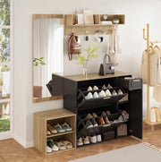 Set ingresso 4 pezzi nero e naturale con scarpiera e specchio