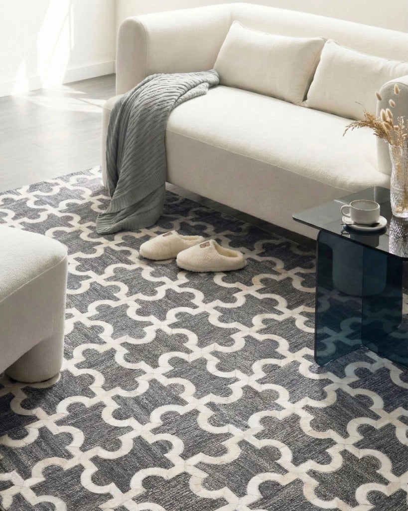 Tappeto tappetino Grigio e Beige Pelle di vacchetta Jacquard Puzzle Motivo Geometrico Retro 160 x 230 cm