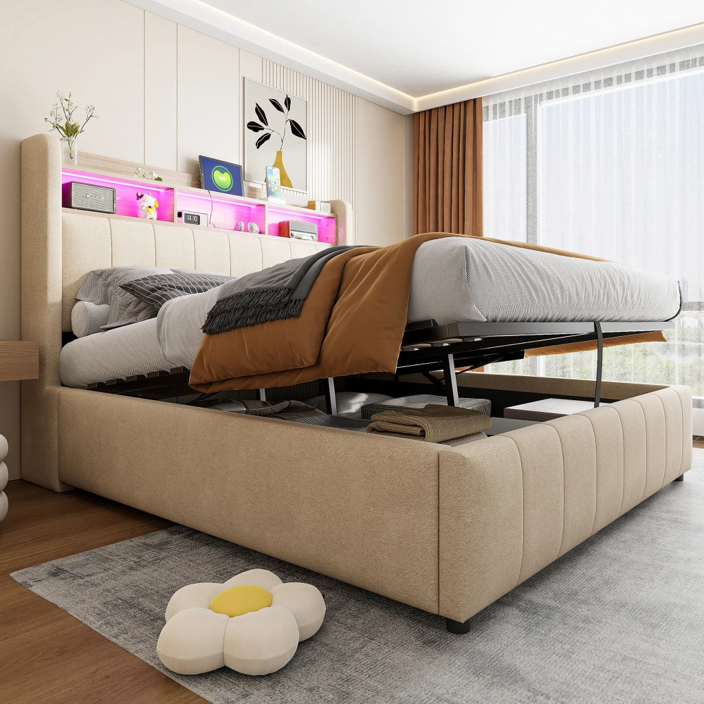Letto Contenitore 140 x 200 cm; Letto Matrimoniale - LED; USB e Type-C - Beige