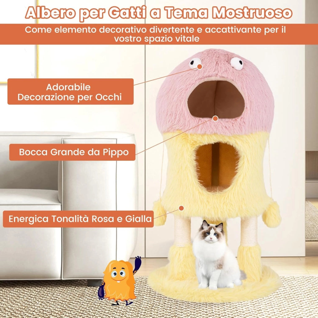 Tiragraffi per Gatti 93 cm, Torre di Gatti a Tema Mostro, Piuma Morbida e Lunga, Palo per Graffio in Sisal e Giocattoli Pendenti, Centro Attività per Gattini a 3 Livelli