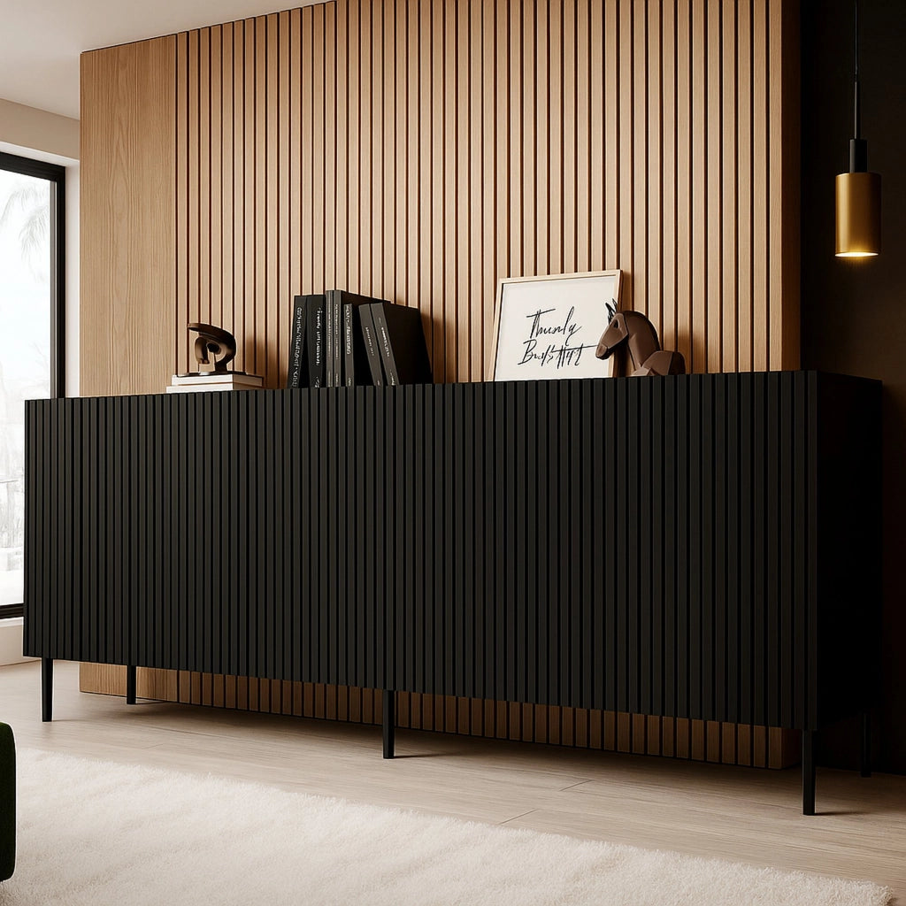 Credenza Corana, Madia da salotto con quattro ante battenti, Rialzato da terra, 200x42 h82 cm, Nero