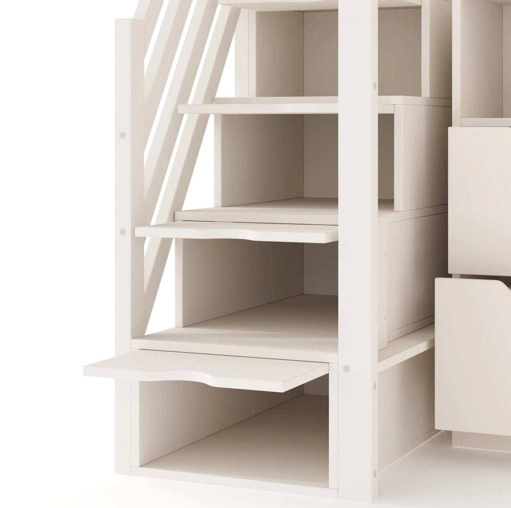 Letto a soppalco 90x200 cm bianco in legno con scrivania ad angolo e scala contenitore